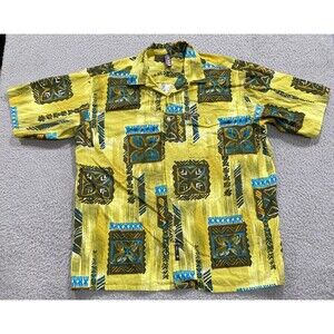 Willie Esco Shirt Mens 2XL Yellow Linen Cotton Hawaiian Tribal Button Up